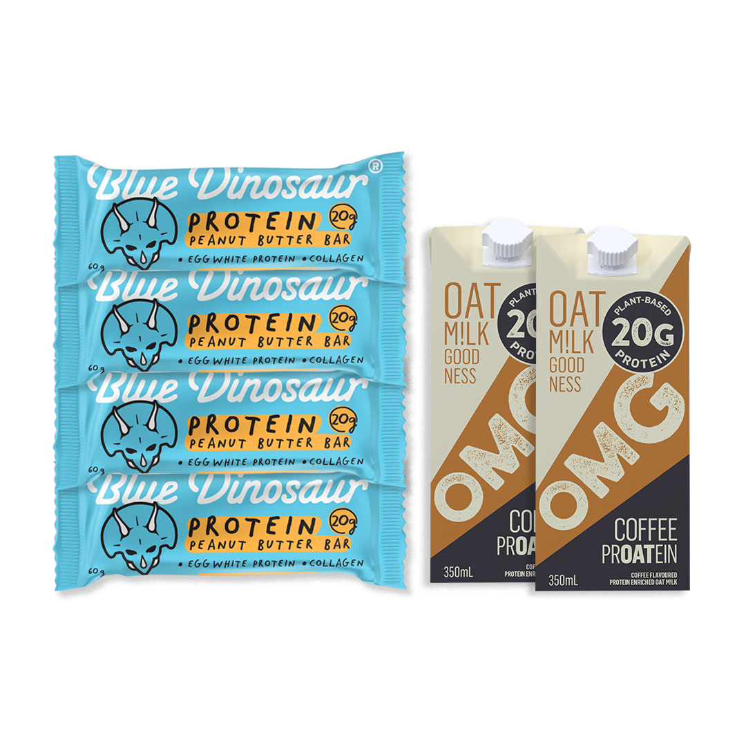 Peanut Butter Protein Bar & OMG Coffee PrOATein Milk Bundle Blue Dinosaur
